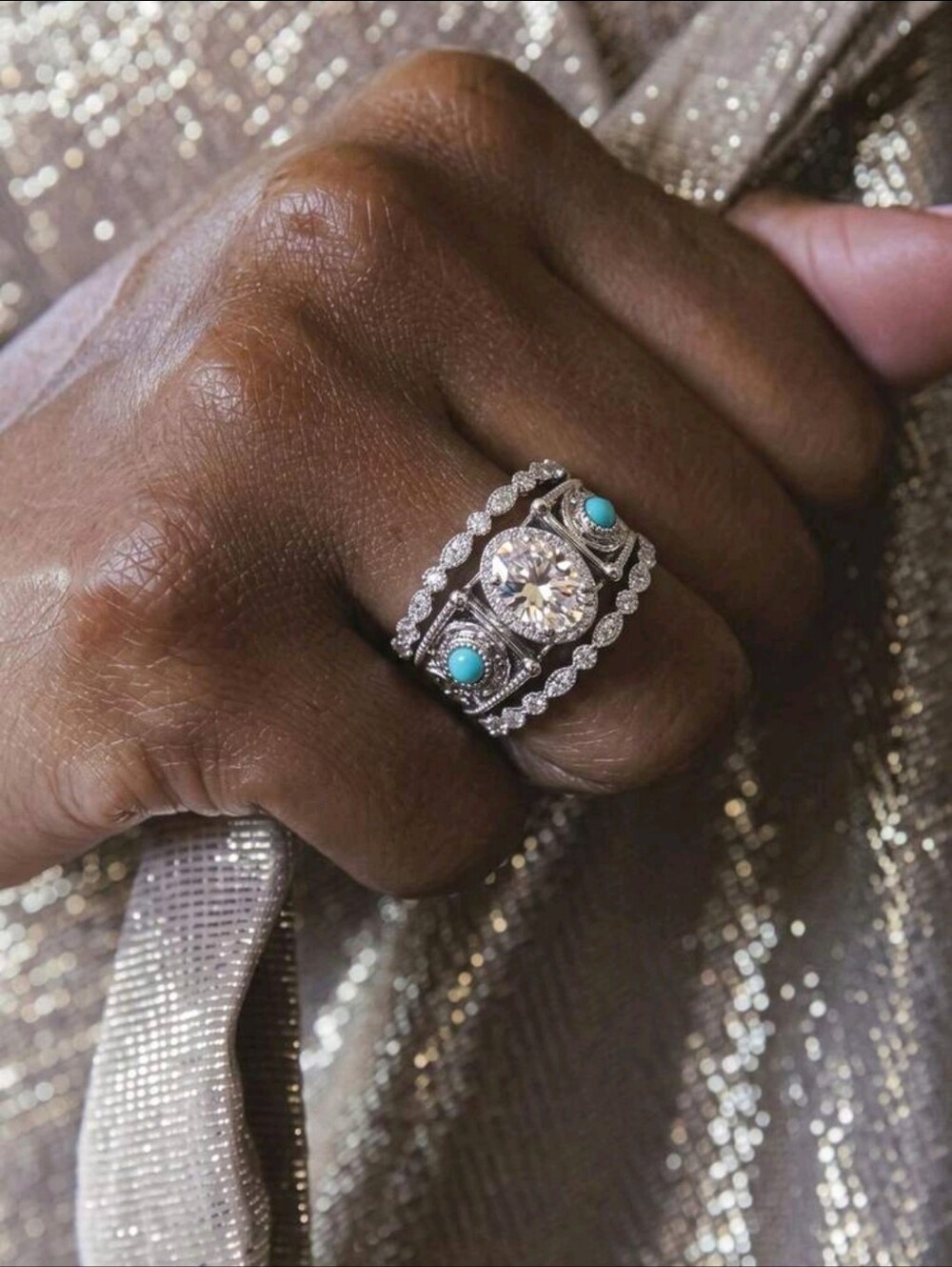 BRAND NEW **  Silver Turquoise and White Stone Stackable Ring Set